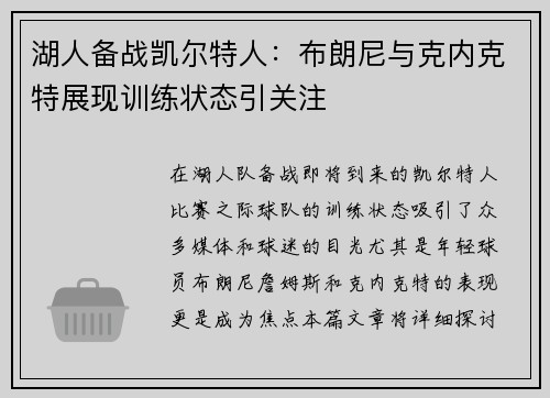 湖人备战凯尔特人：布朗尼与克内克特展现训练状态引关注