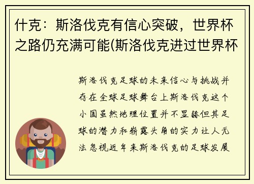 什克：斯洛伐克有信心突破，世界杯之路仍充满可能(斯洛伐克进过世界杯吗)